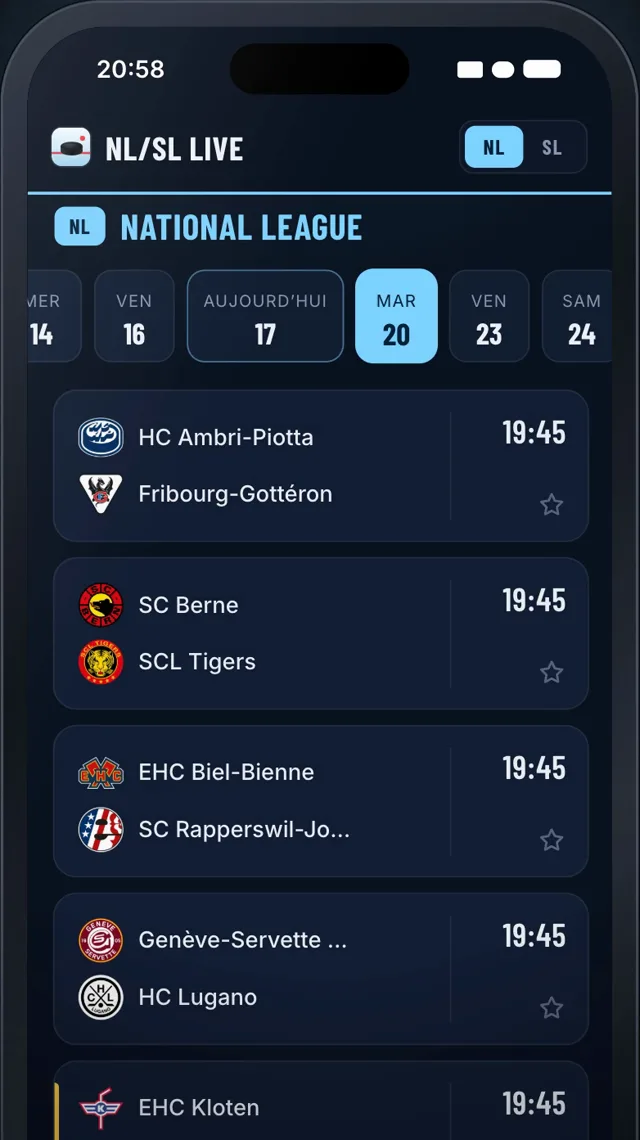 Calendrier des matchs de National League dans l'app, avec les jours de match et les horaires